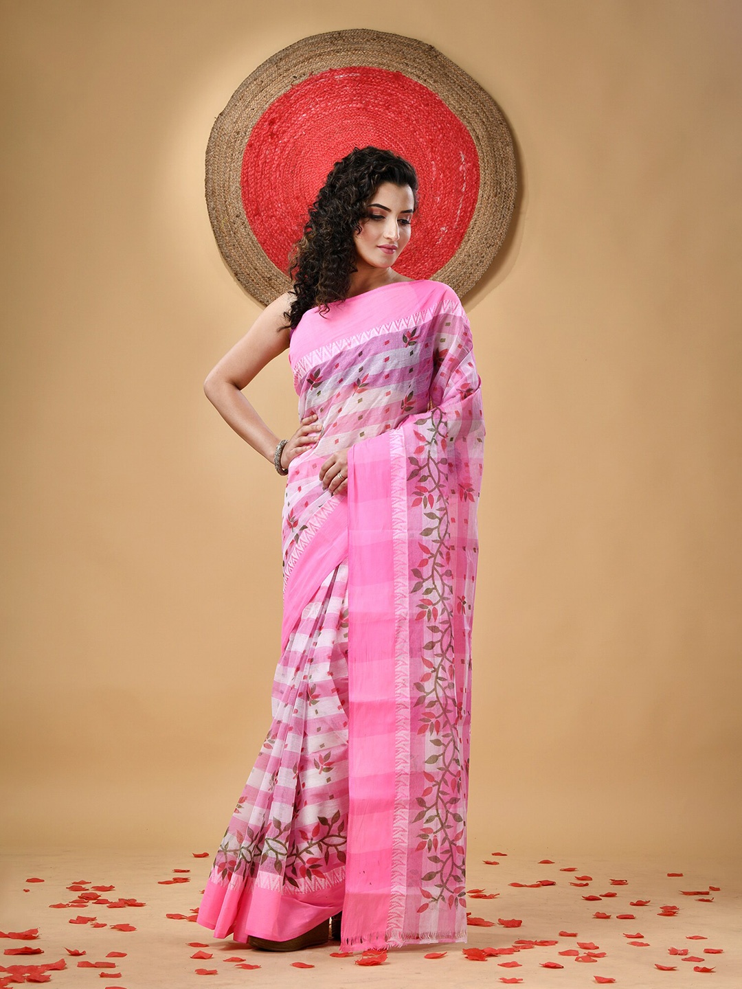 

DESH BIDESH Floral Pure Cotton Block Print Saree without Blouse, Pink
