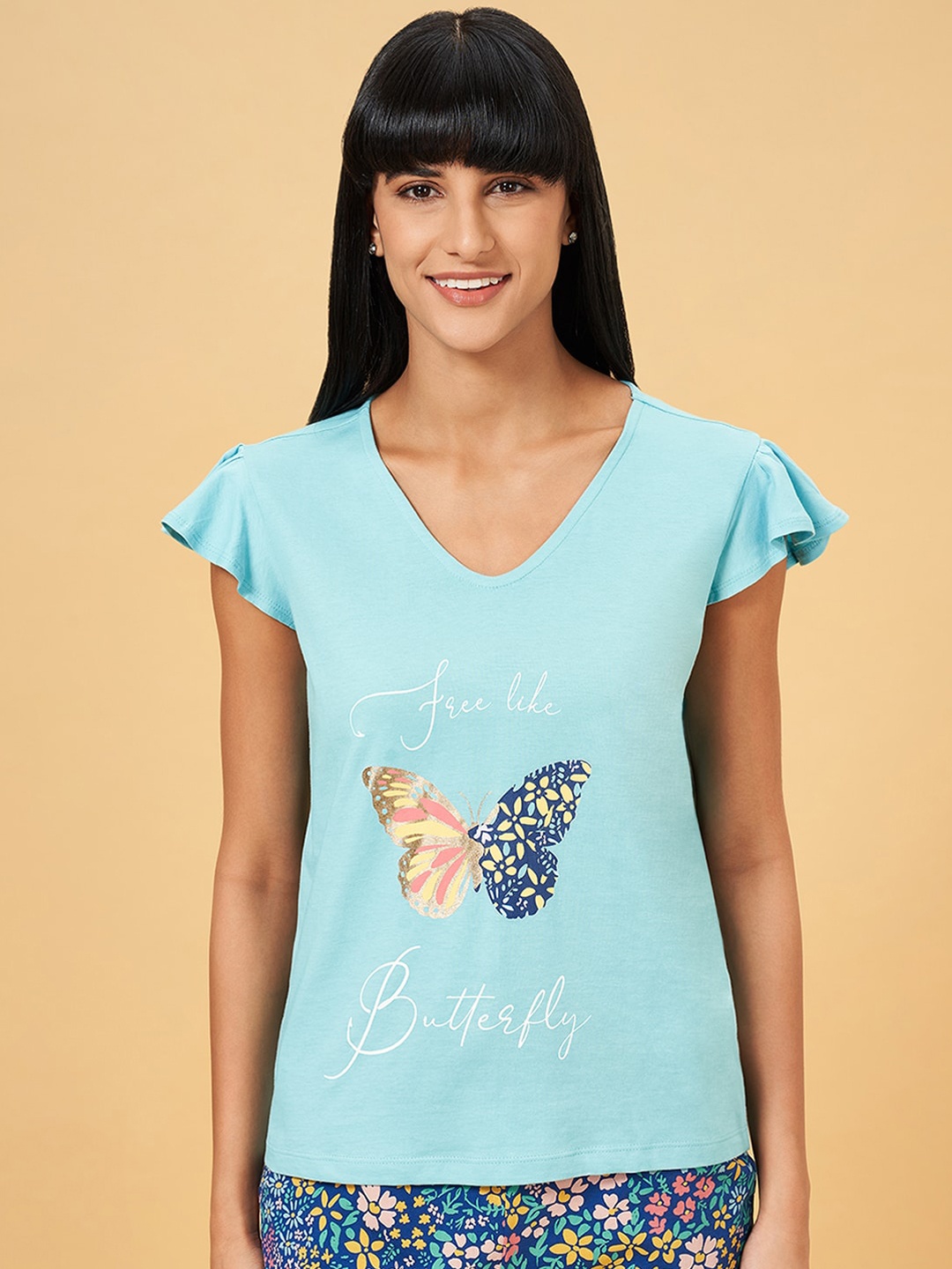 

Dreamz by Pantaloons Printed Flutter Sleeves Pure Cotton Lounge T-Shirt, Blue