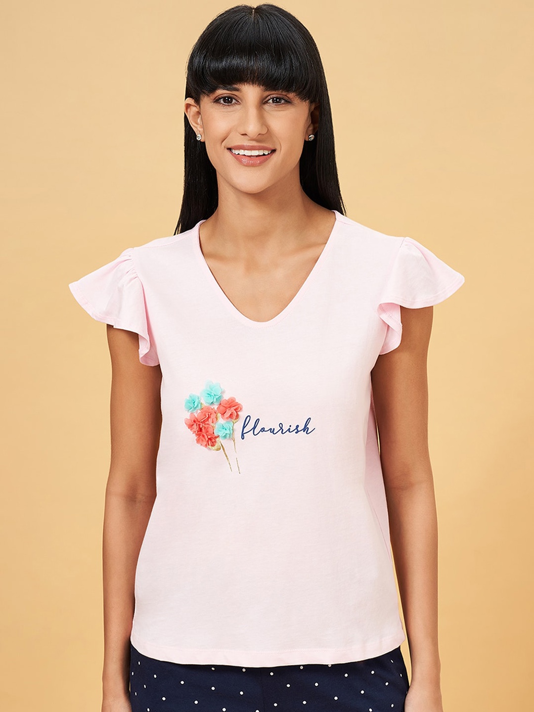 

Dreamz by Pantaloons Printed Flutter Sleeves Pure Cotton Lounge T-Shirt, Pink