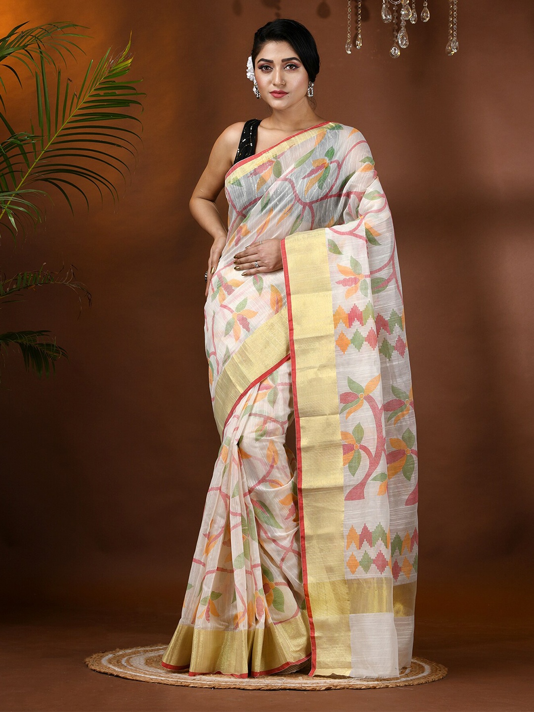 

DESH BIDESH Woven Floral Design Zari Saree, White