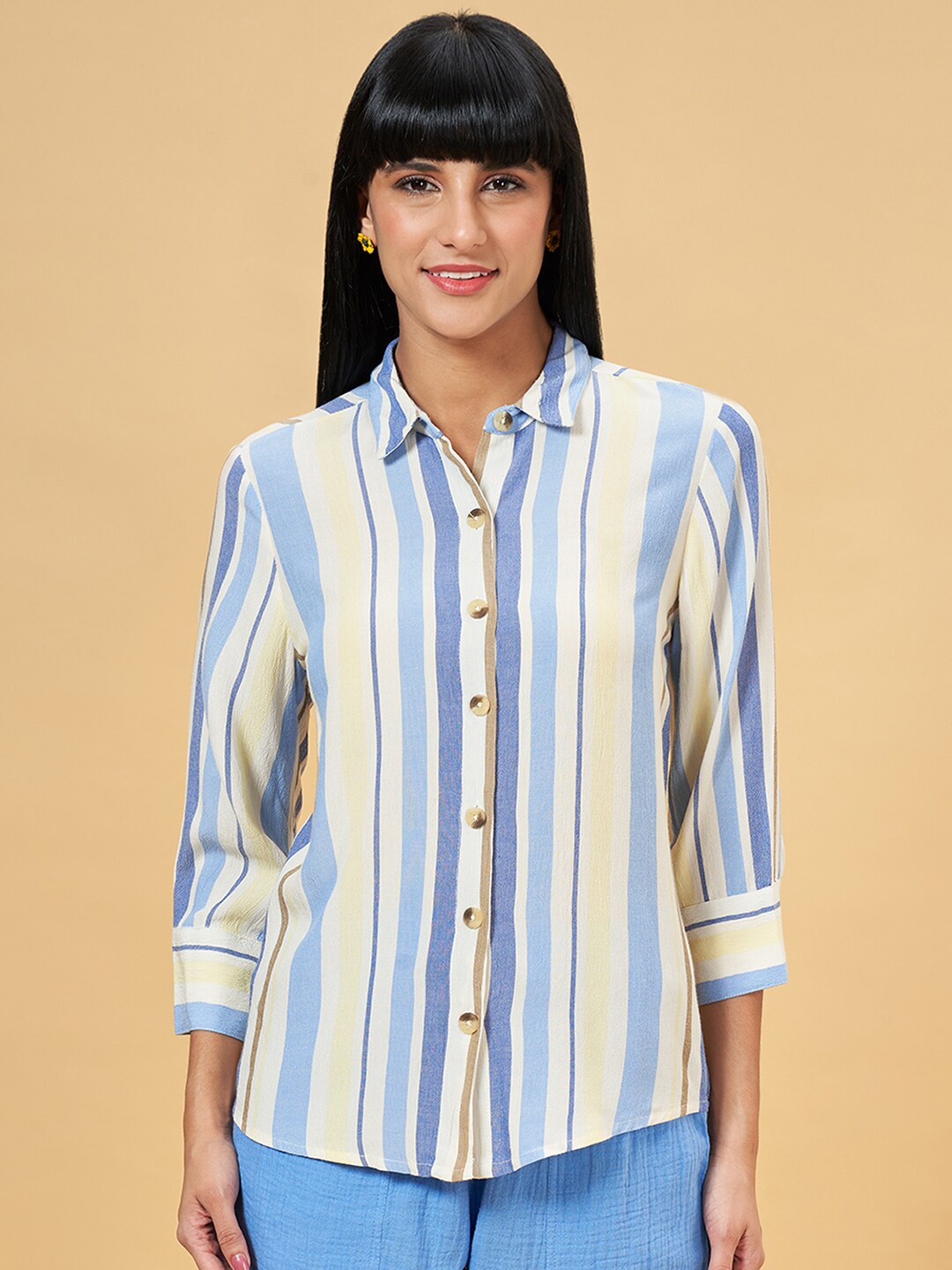 

Honey by Pantaloons Spread Collar Opaque Striped Casual Shirt, Blue