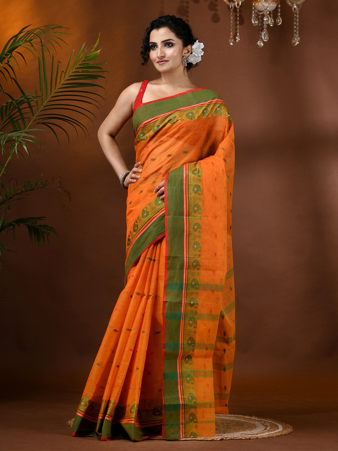 

DESH BIDESH Woven Design Pure Cotton Taant Saree without Blouse, Orange