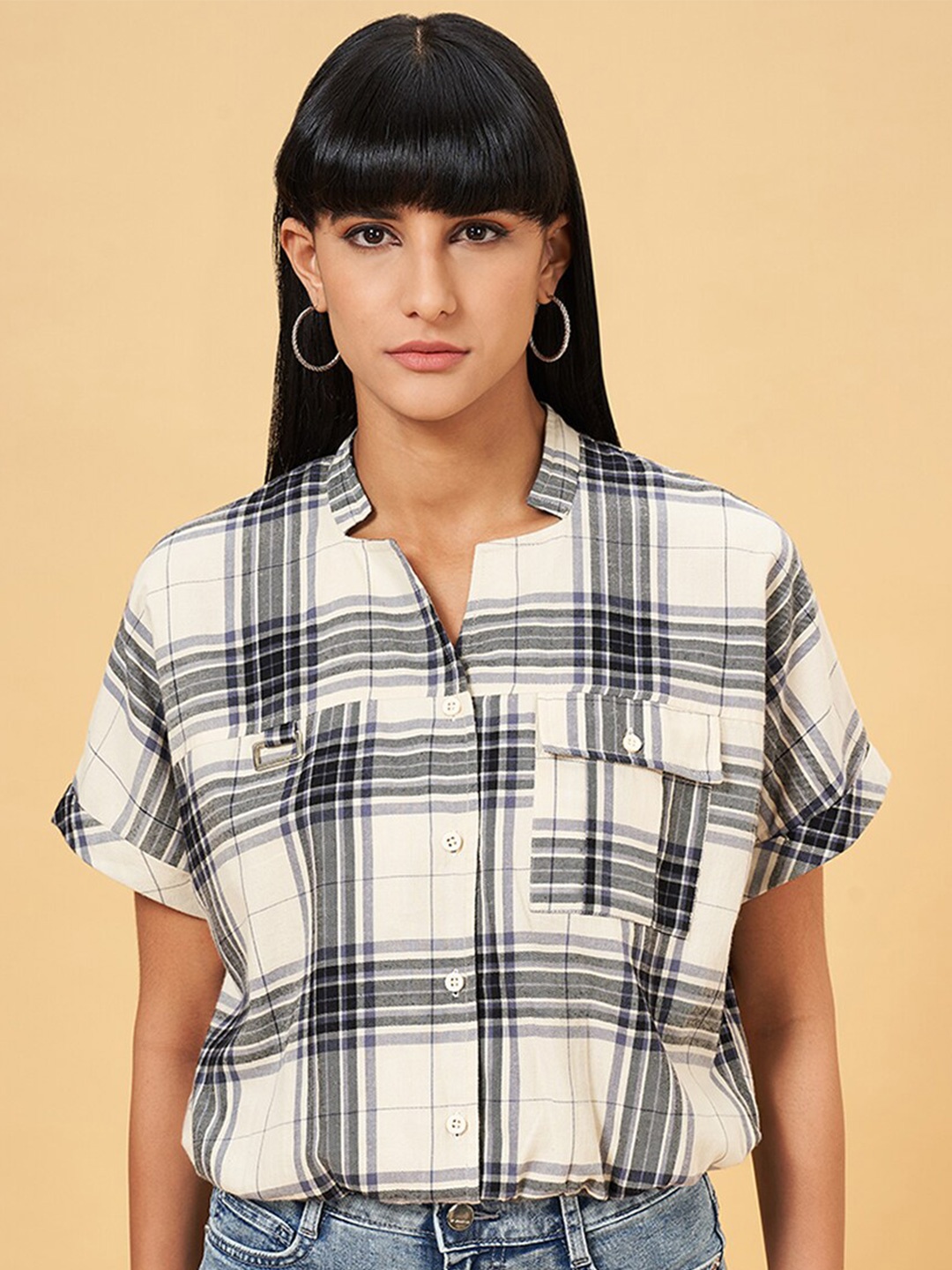 

SF JEANS by Pantaloons Comfort Tartan Checked Cotton Crop Casual Shirt, Off white