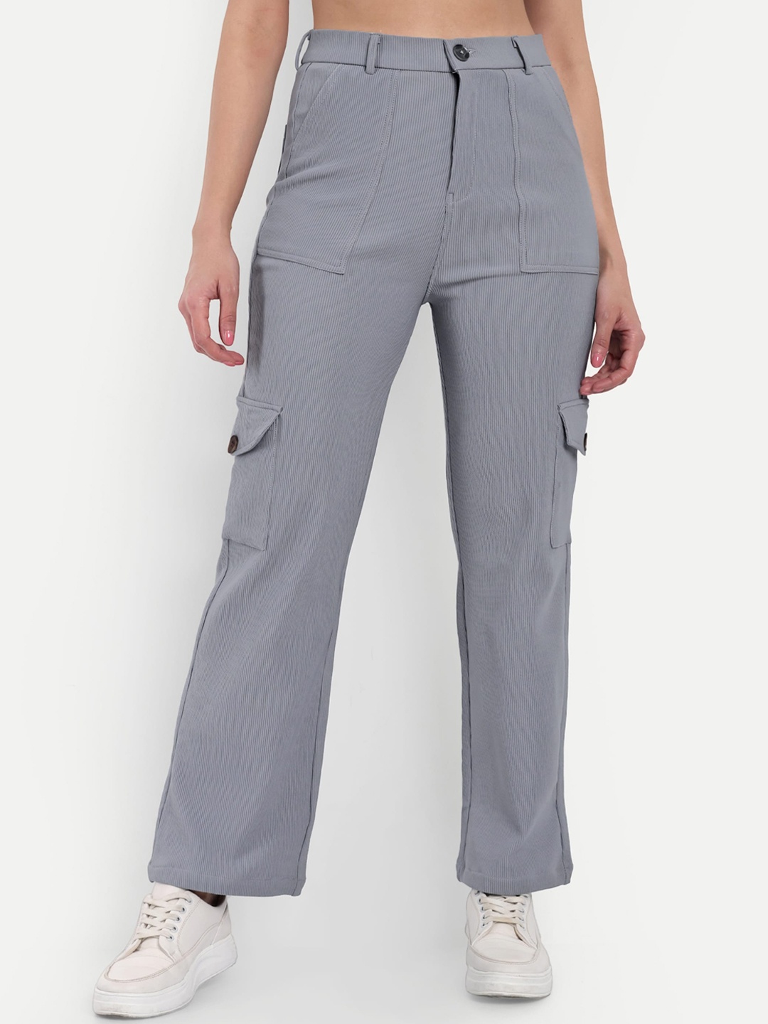 

BROADSTAR Women Straight Fit Caorduroy High- Rise Stretchable Cargo Trousers, Grey
