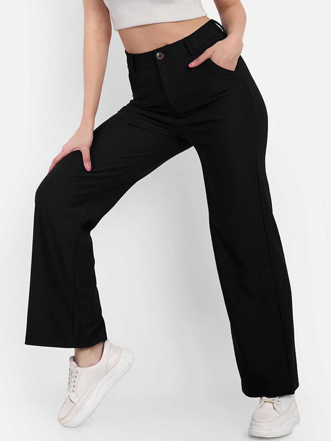 BROADSTAR Women Straight Fit High-Rise Stretchable Corduroy Trousers, Black