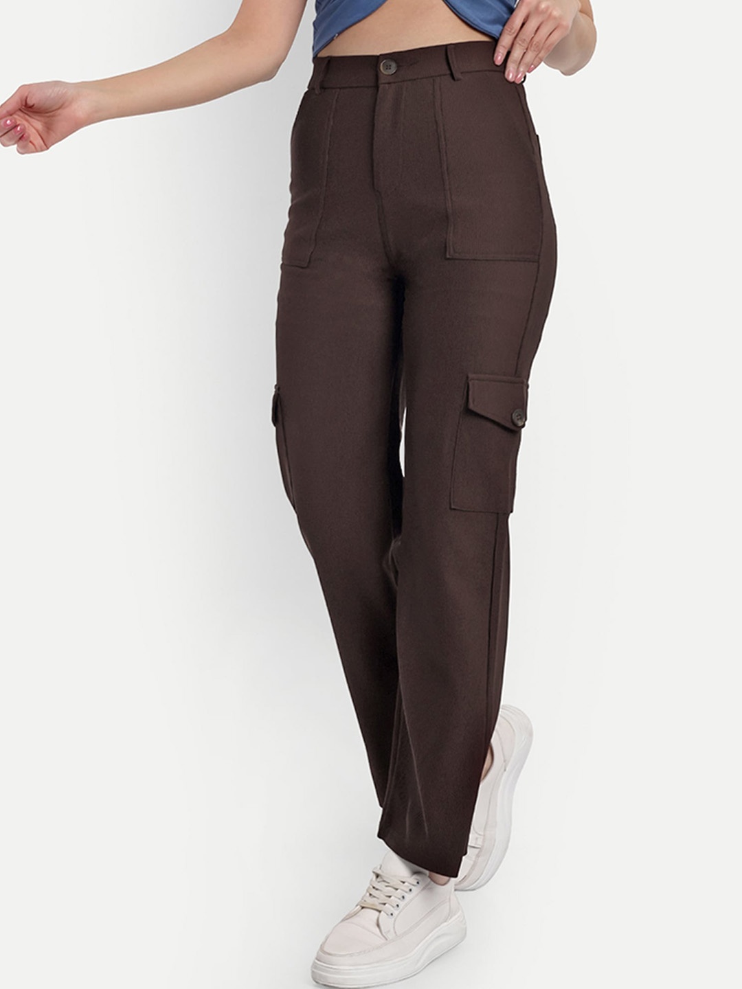 

BROADSTAR Women Smart Straight Fit High Rise Easy Wash Corduroy Cargos Trousers, Brown