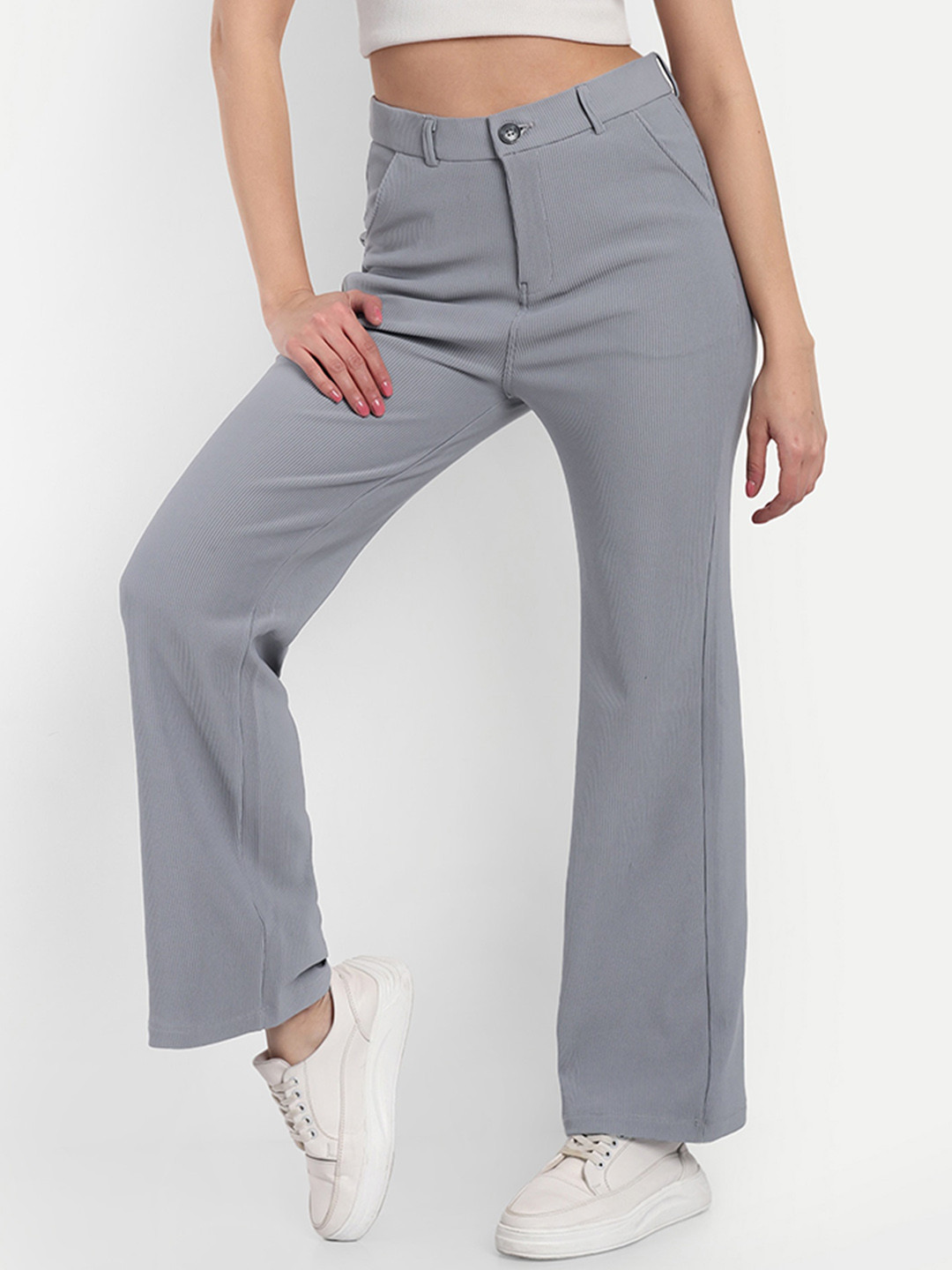 

BROADSTAR Women Smart Straight Fit High Rise Stretchable Easy Wash Corduroy Trousers, Grey