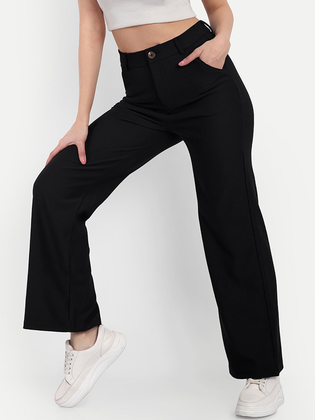 

BROADSTAR Women Smart Straight Fit High Rise Stretchable Easy Wash Corduroy Trousers, Black