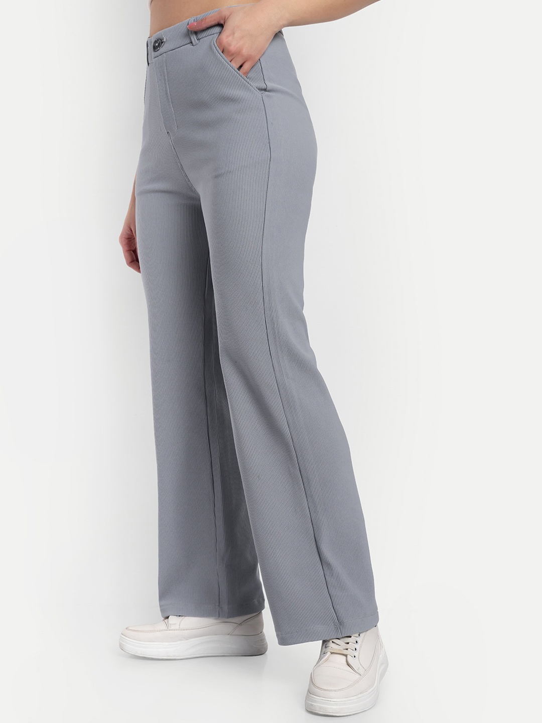 

BROADSTAR Women Smart Straight Fit High Rise Stretchable Easy Wash Corduroy Trousers, Grey