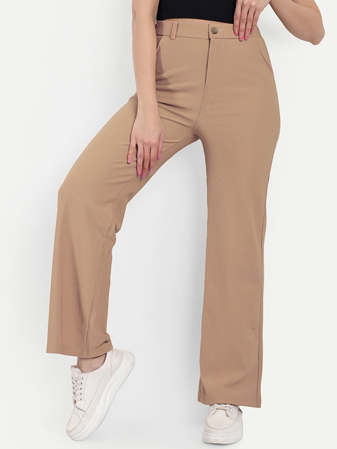 

BROADSTAR Women Smart Straight Fit High Rise Stretchable Easy Wash Corduroy Trousers, Beige