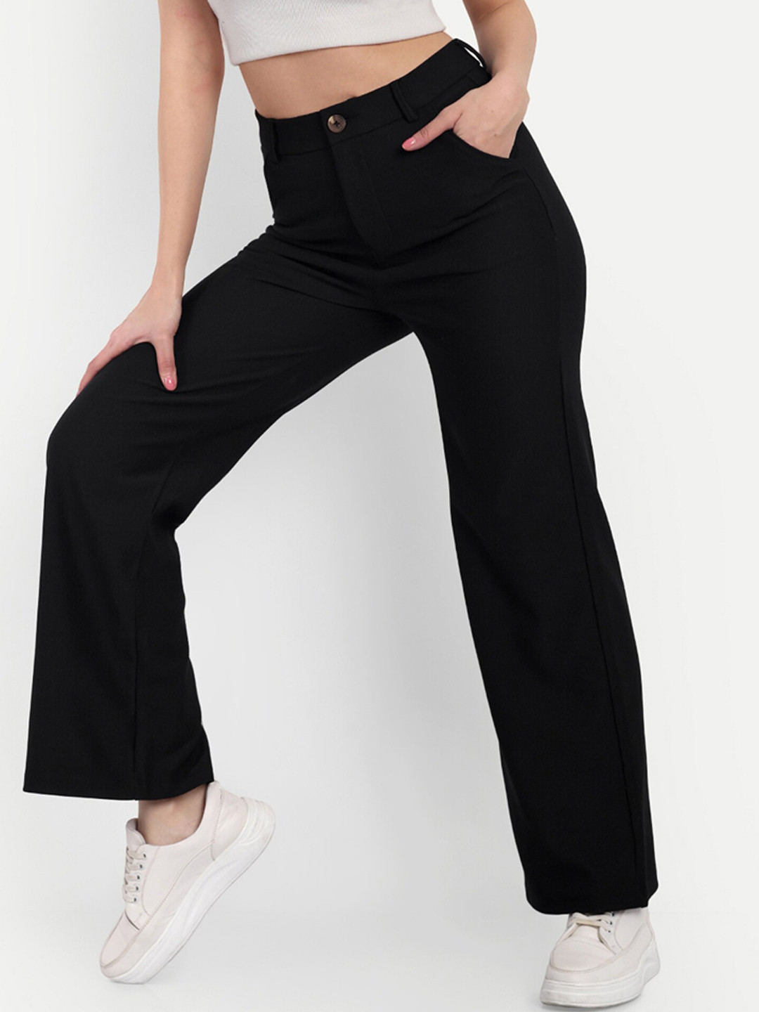 

BROADSTAR Women Smart Straight Fit High Rise Stretchable Easy Wash Corduroy Trousers, Black
