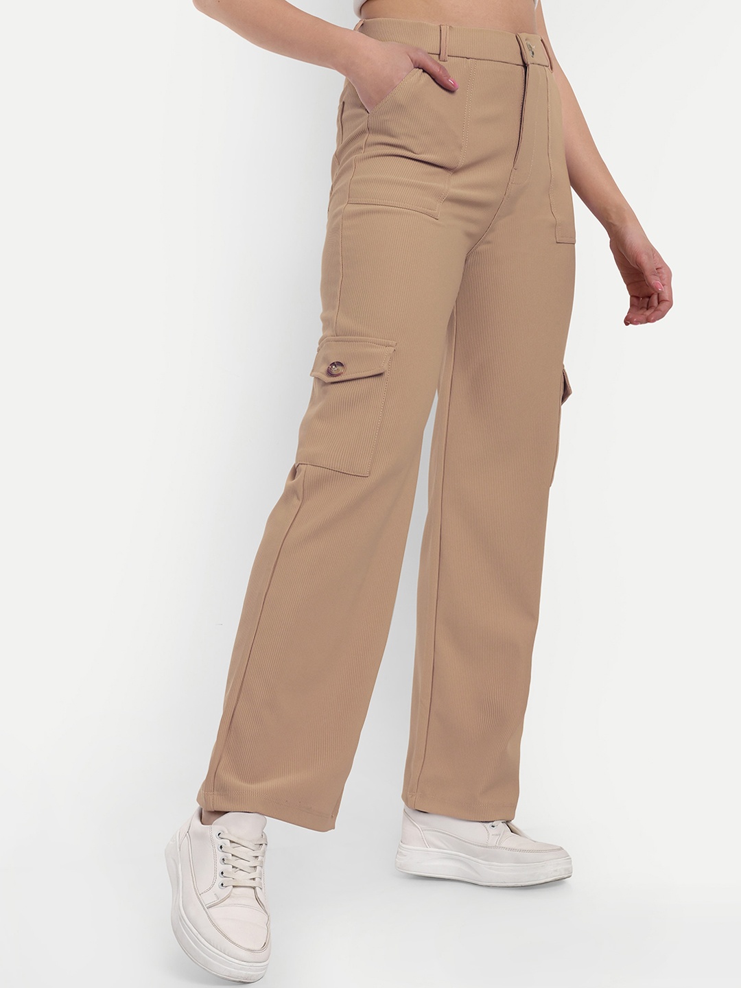 

BROADSTAR Women Smart Straight Fit High Rise Easy Wash Corduroy Cargos Trousers, Beige