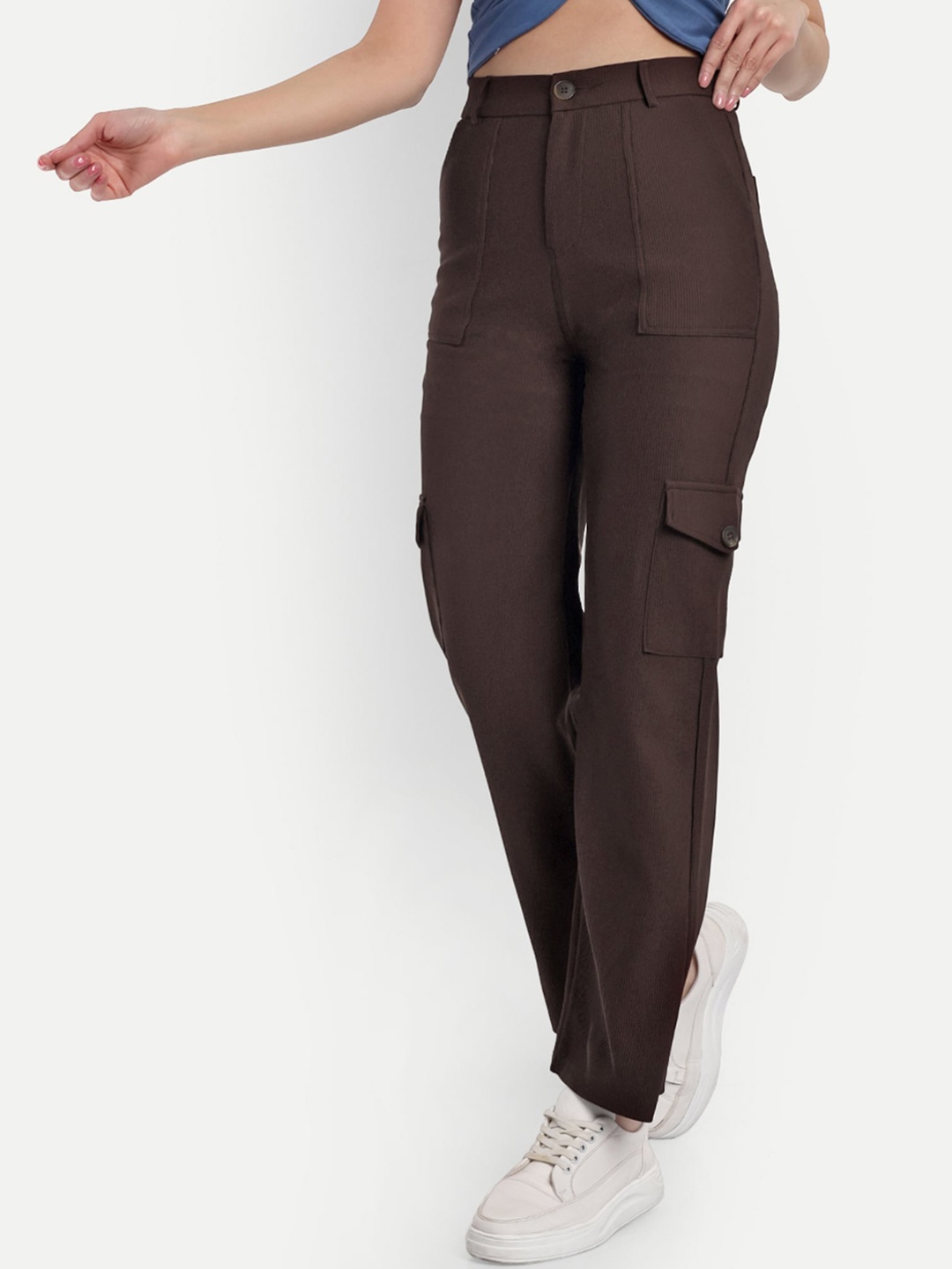 BROADSTAR Women Smart Straight Fit High-Rise Easy Wash Corduroy Cargos, Brown