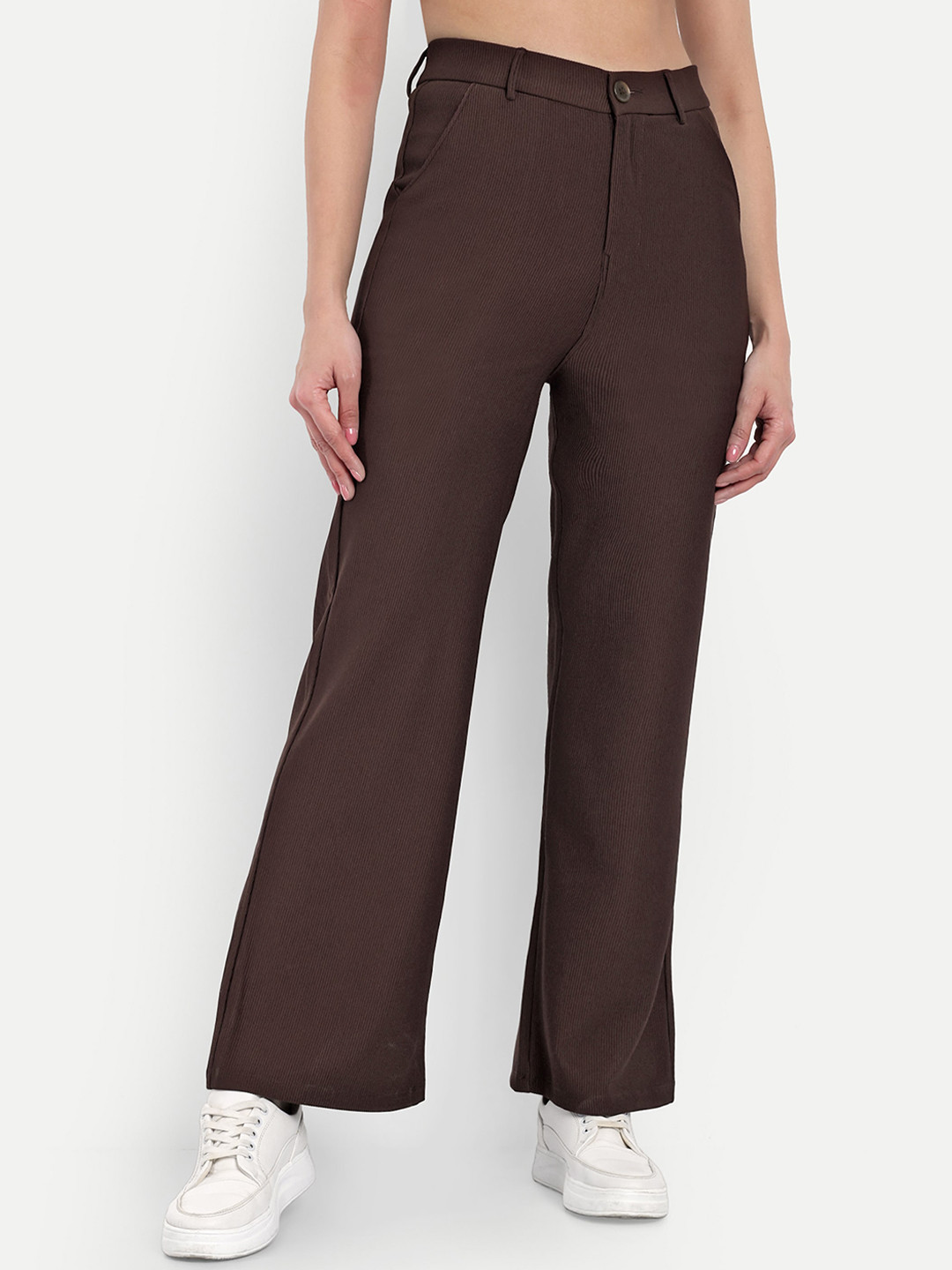 

BROADSTAR Women Smart Straight Fit High-Rise Easy Wash Corduroy Parallel Trousers, Brown