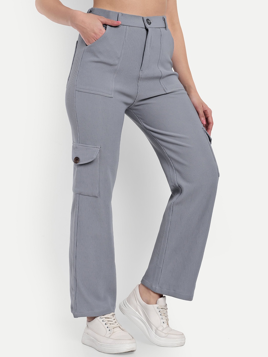

BROADSTAR Women Smart Straight Fit High-Rise Easy Wash Corduroy Cargos, Grey