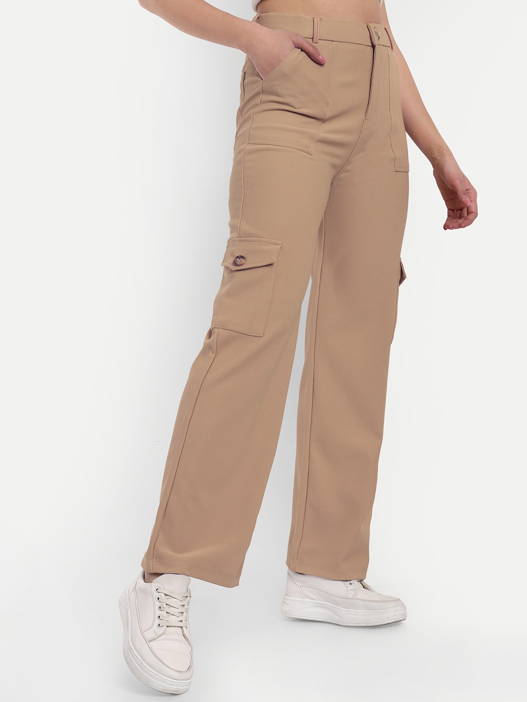 

BROADSTAR Women Smart Straight Fit High-Rise Easy Wash Corduroy Cargos, Beige