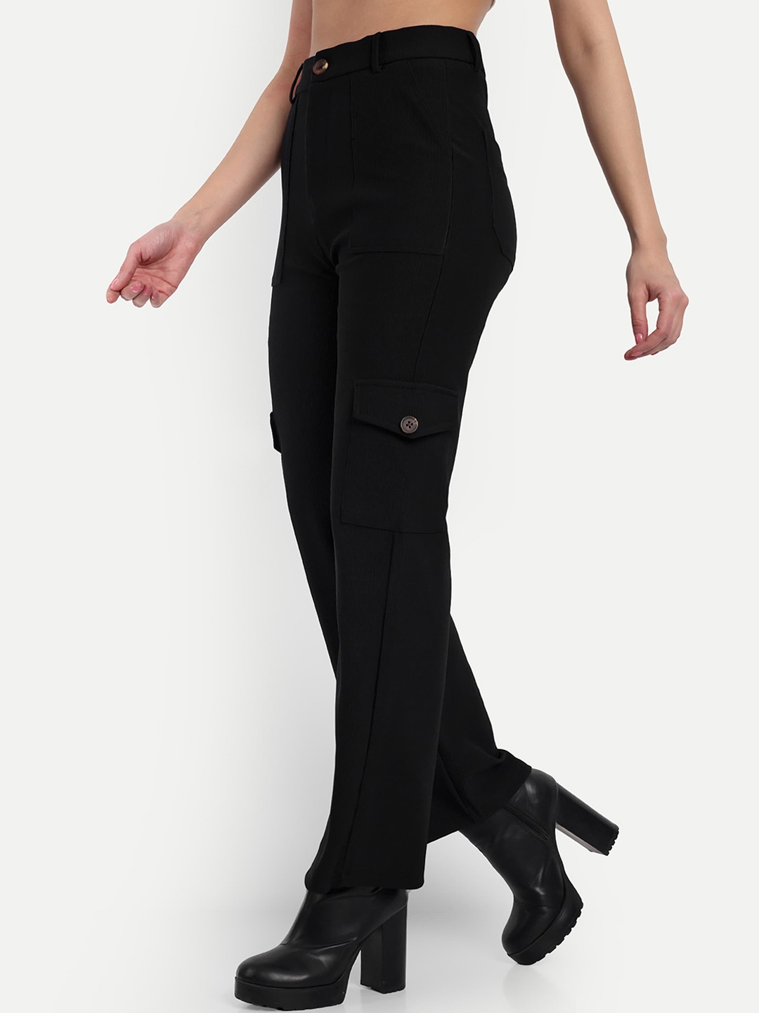 

BROADSTAR Women Smart Straight Fit High-Rise Easy Wash Corduroy Cargos, Black