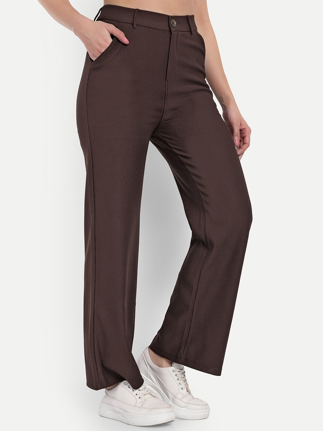 

BROADSTAR Women Smart Straight Fit High-Rise Easy Wash Corduroy Parallel Trousers, Brown