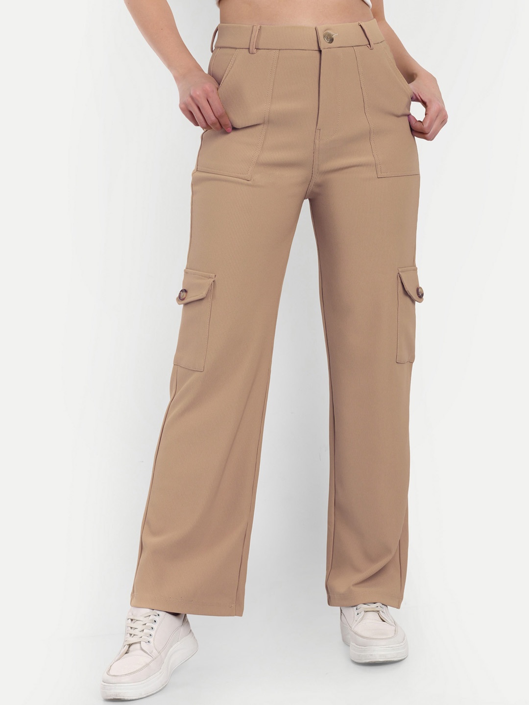 

BROADSTAR Women Smart Straight Fit High-Rise Easy Wash Corduroy Cargos, Beige