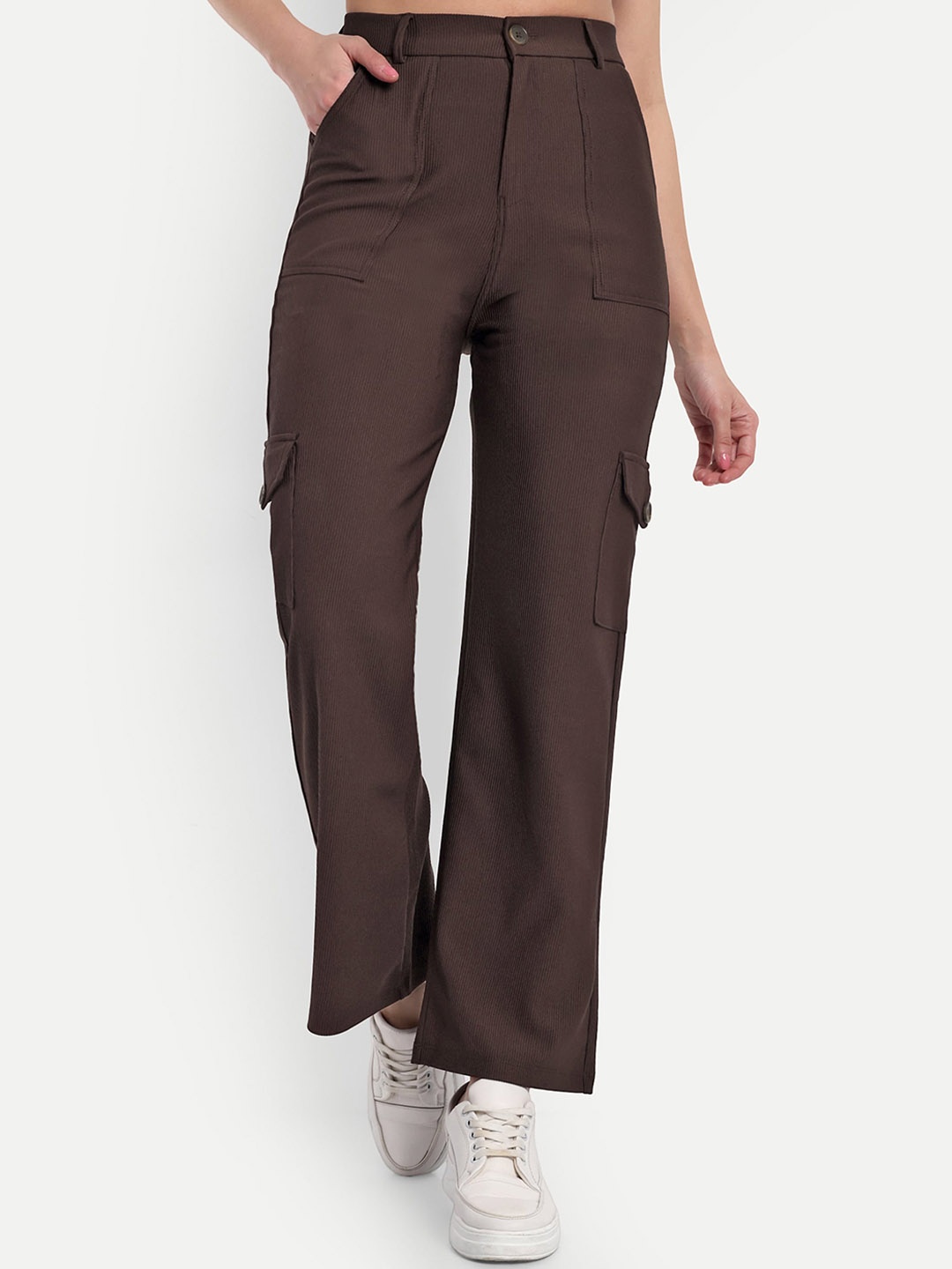 

BROADSTAR Women Smart Straight Fit High-Rise Easy Wash Corduroy Cargos, Brown