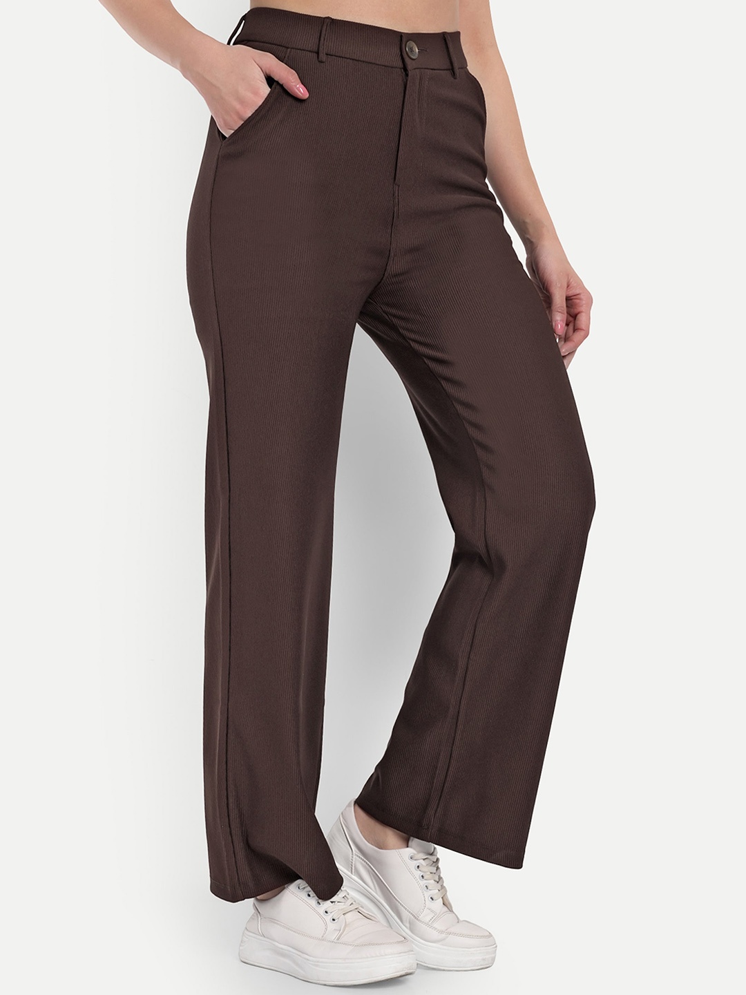 

BROADSTAR Women Smart Straight Fit High-Rise Easy Wash Corduroy Parallel Trousers, Brown