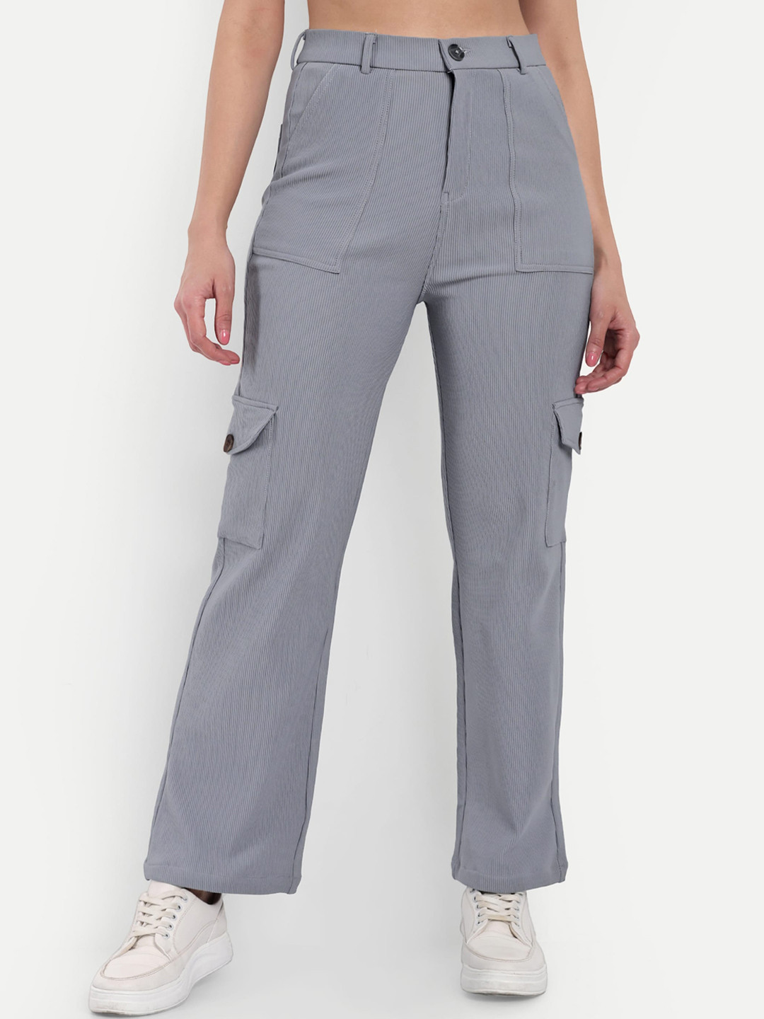 

BROADSTAR Women Smart Straight Fit High-Rise Easy Wash Corduroy Cargos, Grey