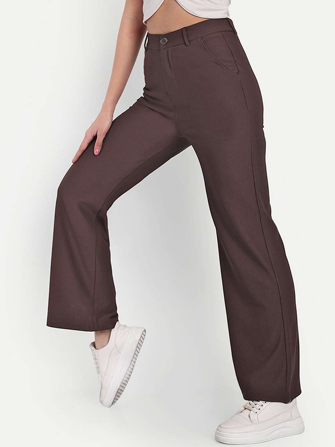 

BROADSTAR Women Smart Straight Fit High-Rise Easy Wash Corduroy Parallel Trousers, Brown