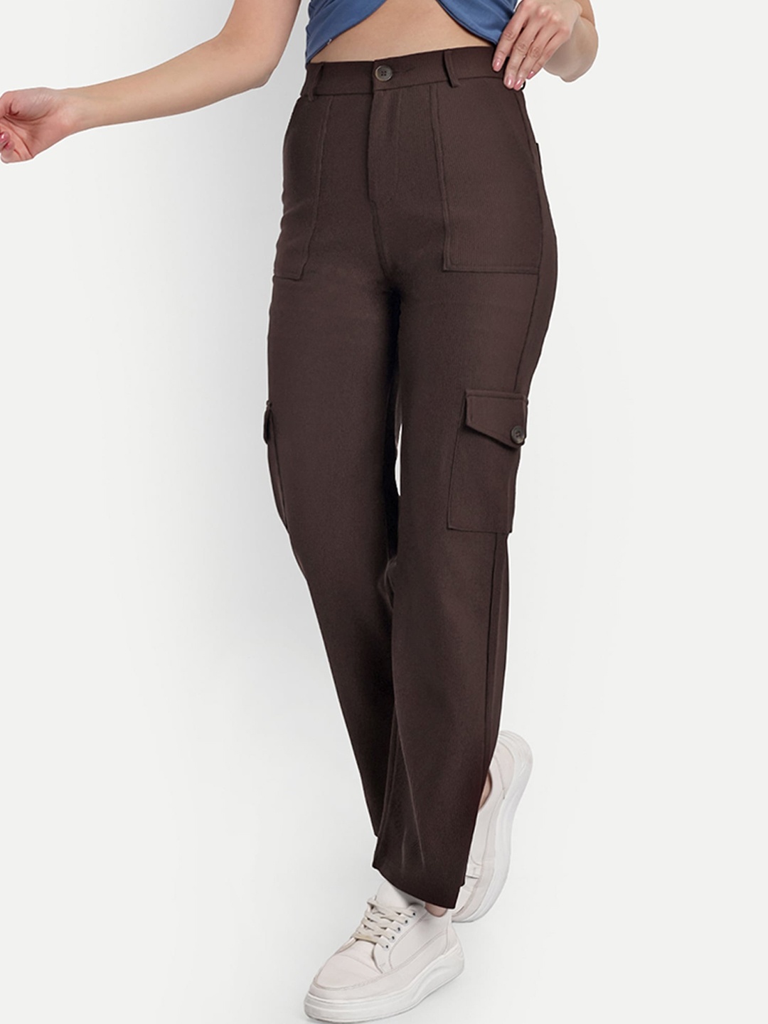 

BROADSTAR Women Smart Straight Fit High-Rise Easy Wash Corduroy Trousers, Brown