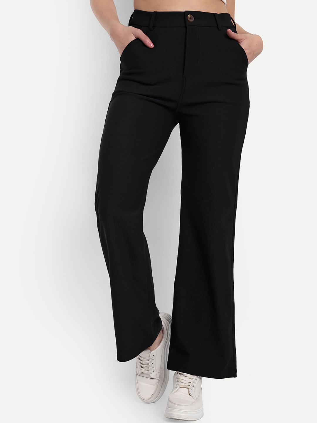 

BROADSTAR Women Smart Straight Fit High-Rise Easy Wash Cotton Corduroy Trousers, Black