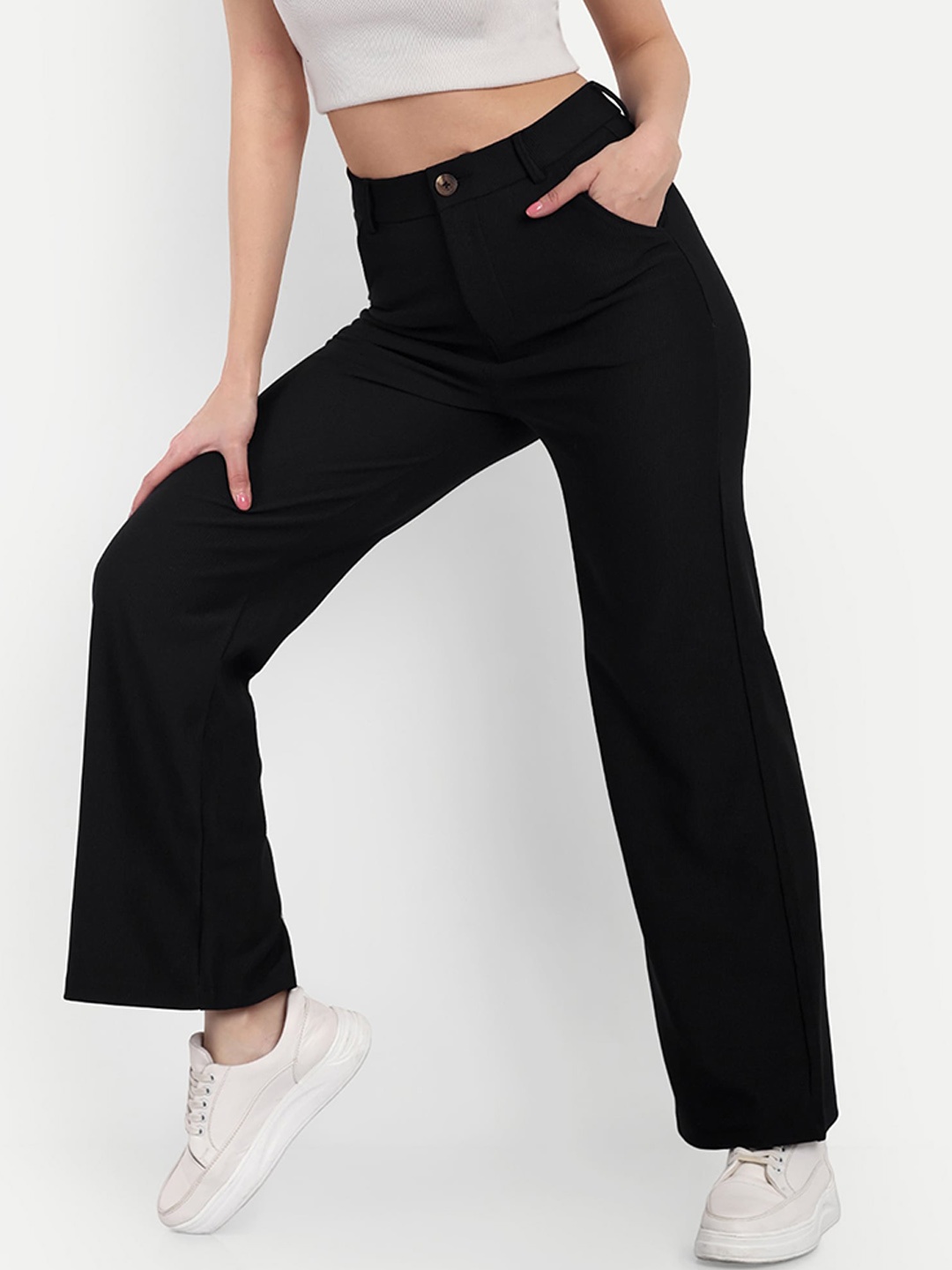 

BROADSTAR Women Smart Straight Fit High-Rise Easy Wash Corduroy Trousers, Black