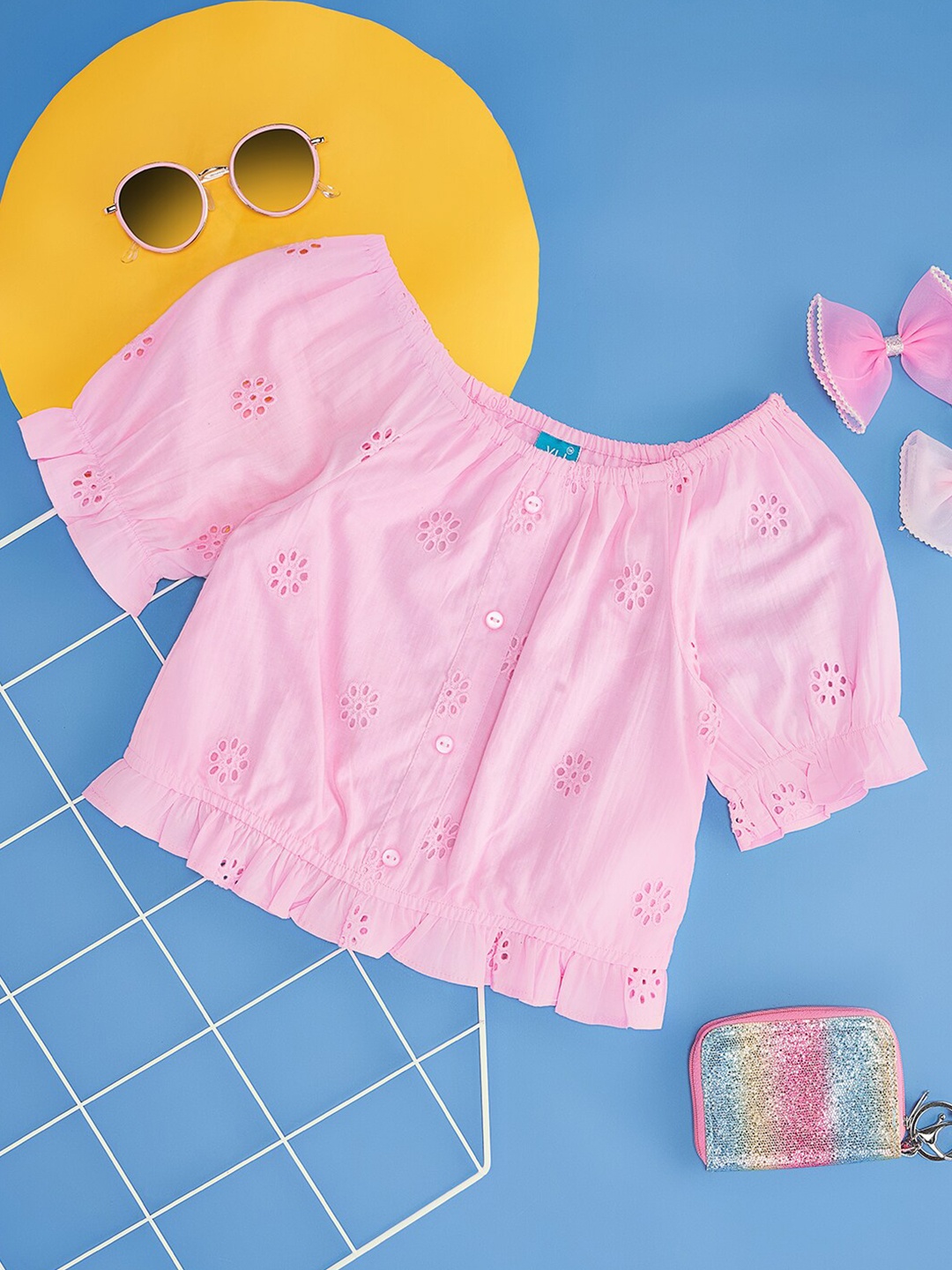 

YU by Pantaloons Self Designed Cotton Schiffli Top, Pink