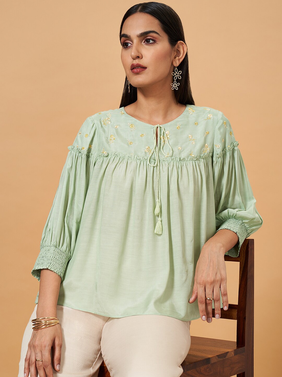 

Marigold Lane Tie-Up Neck Embroidered Top, Green