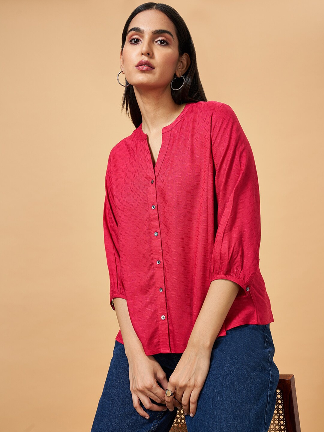 

Marigold Lane Self Designed Mandarin Collar Shirt Style Top, Red