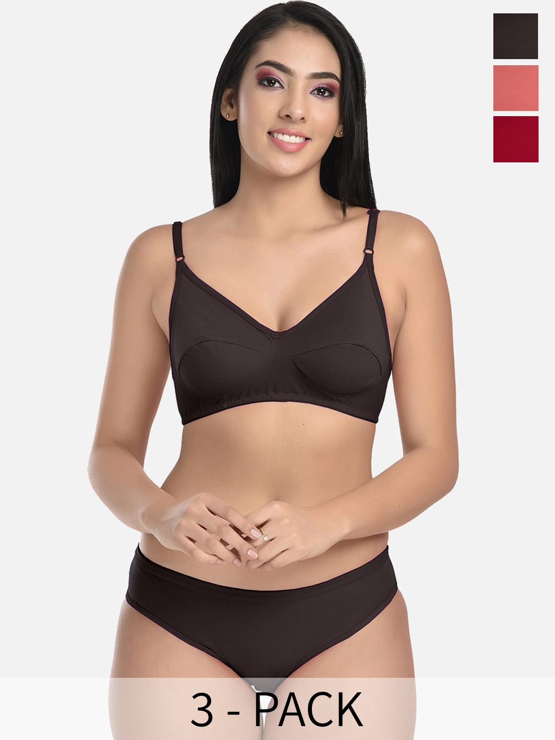 

StyFun Pack of 3 Non Padded Cotton Lingerie Set, Black