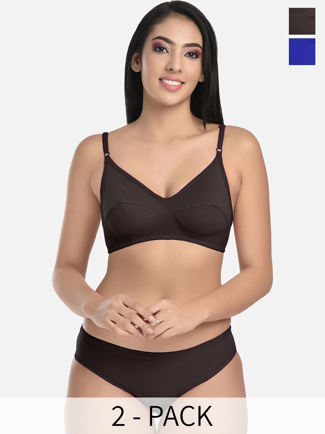 StyFun Pack Of 2 Mid-Rise Cotton Bra Panty Lingerie Set, Black