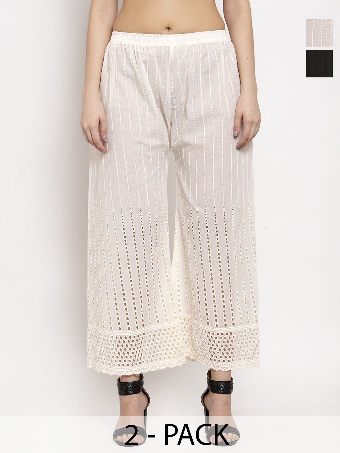 

Miaz Lifestyle Pack Of 2 Embroidered Wide Leg Palazzos, White