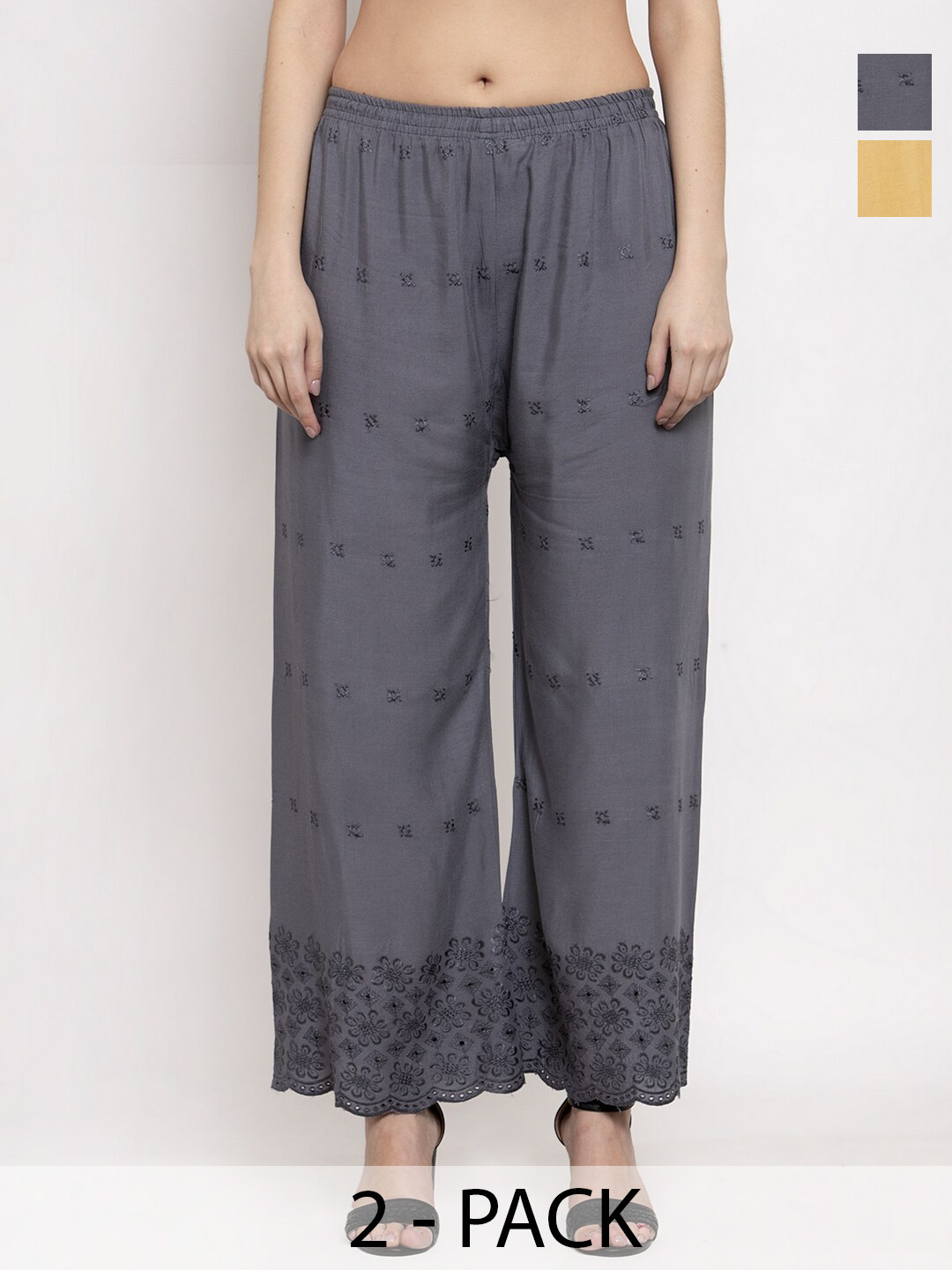 

Miaz Lifestyle Pack Of 2 Floral Embroidered Wide Leg Palazzos, Grey
