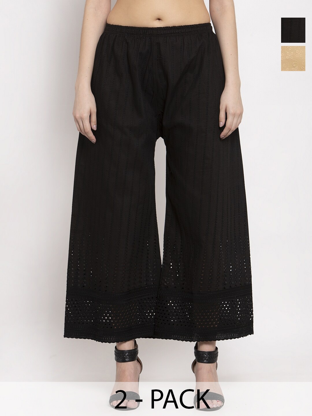 

Miaz Lifestyle Pack Of 2 Floral Embroidered Wide Leg Palazzos, Black