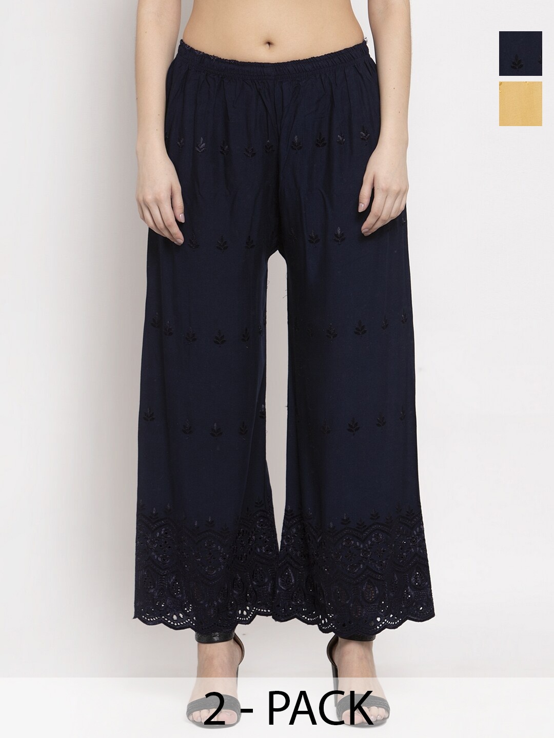 

Miaz Lifestyle Pack Of 2 Ethnic Motifs Embroidered Palazzos, Navy blue
