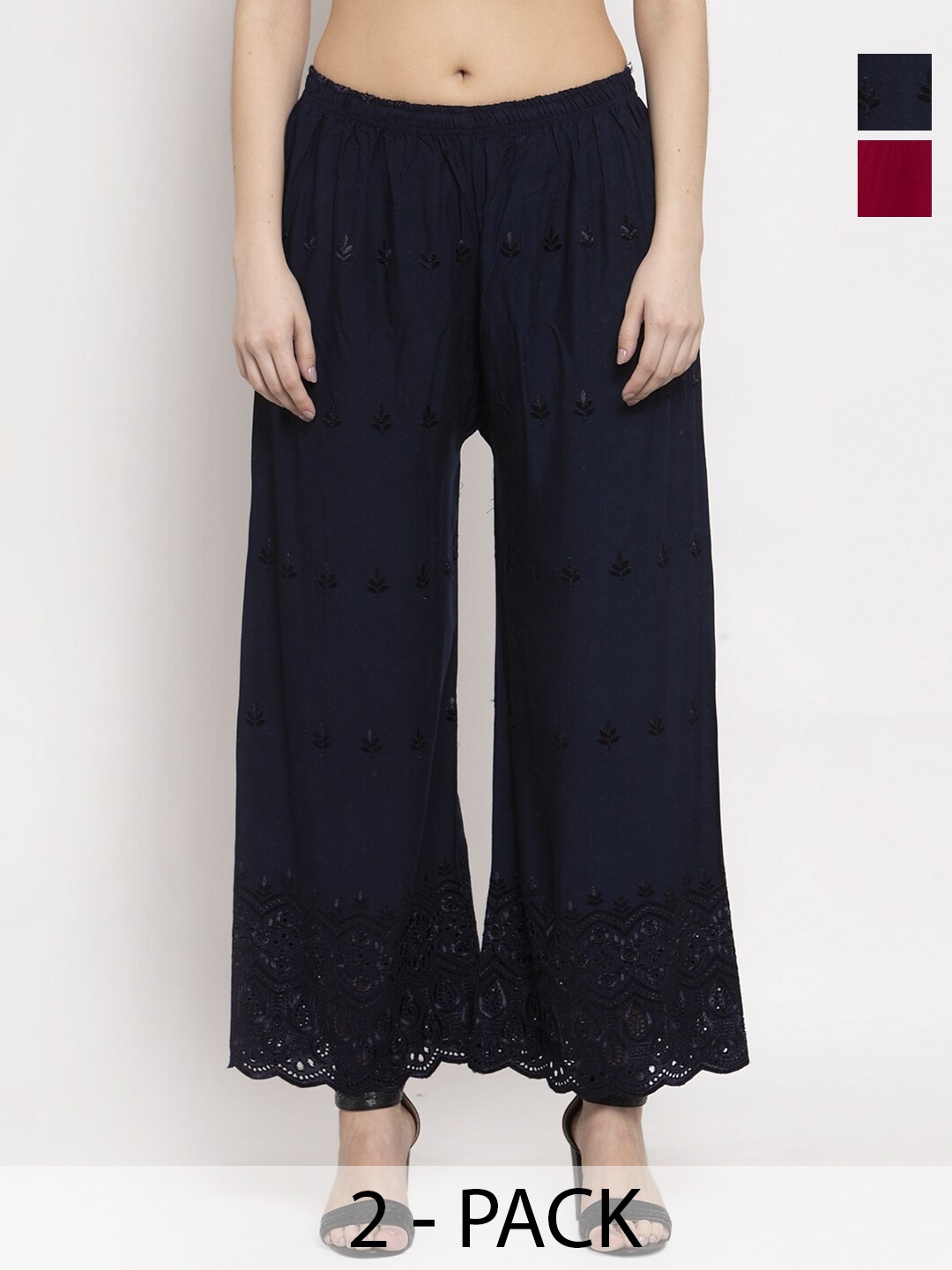 

Miaz Lifestyle Pack Of 2 Ethnic Motifs Embroidered Palazzos, Navy blue