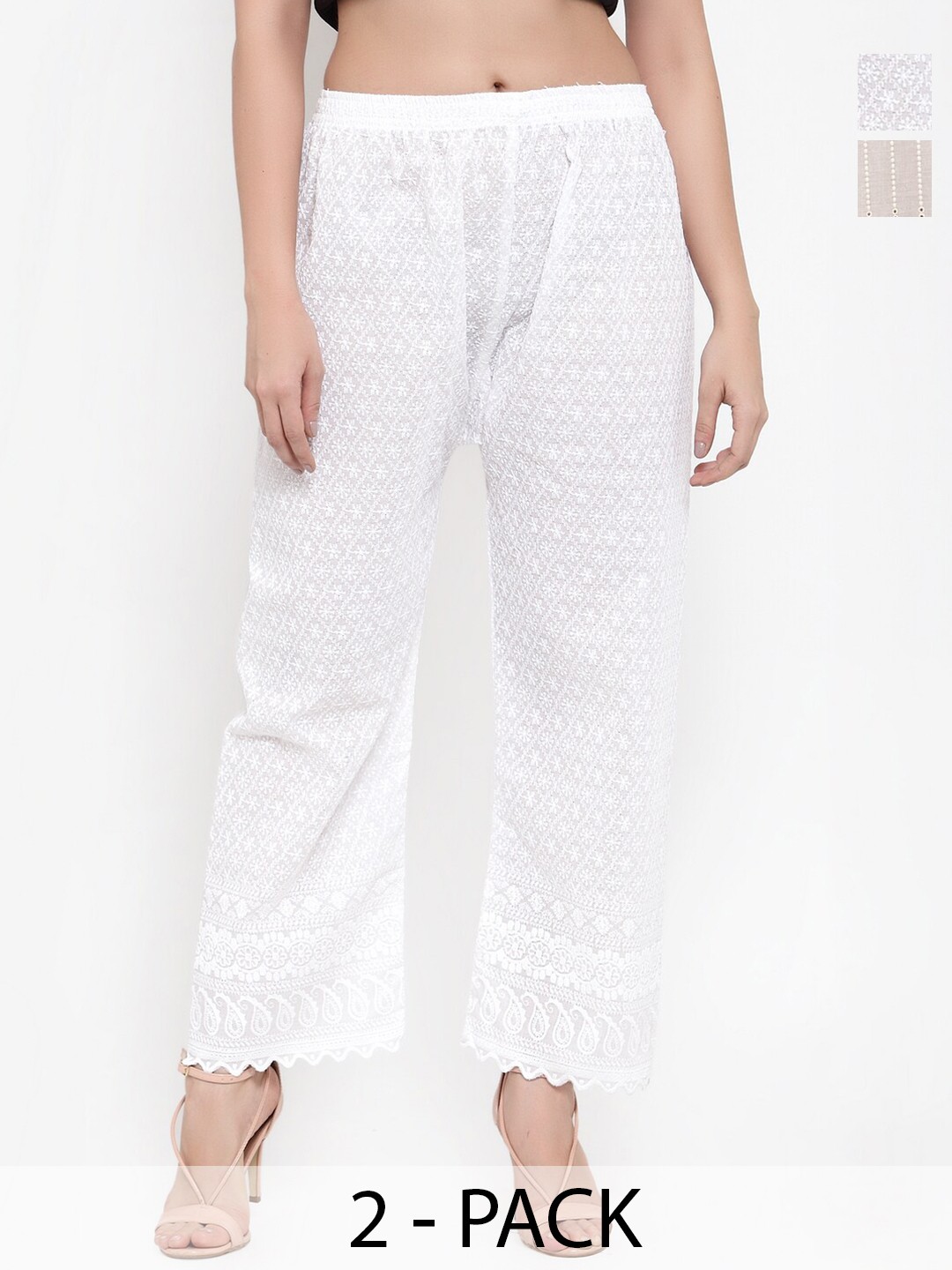 

Miaz Lifestyle Pack Of 2 Floral Embroidered Wide Leg Palazzos, White