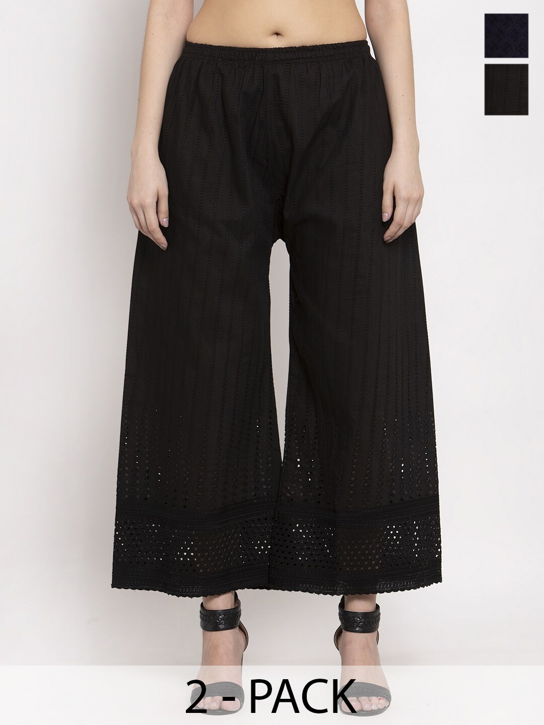 

Miaz Lifestyle Pack Of 2 Ethnic Motifs Embroidered Wide Leg Palazzos, Navy blue