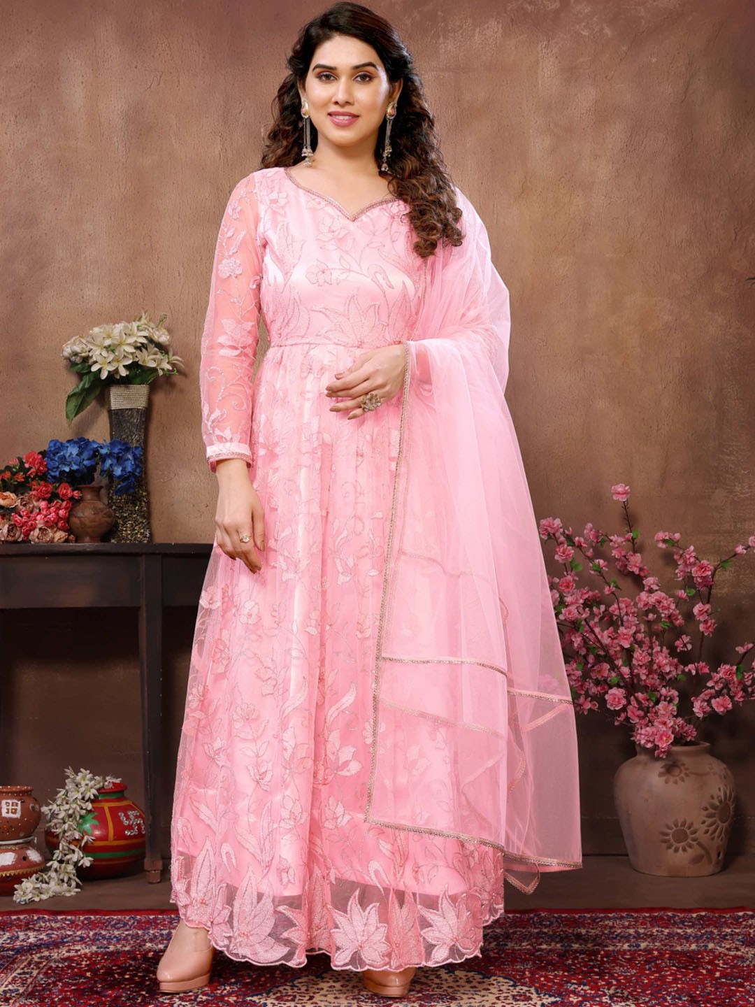 

Titanium Silk Industries Embroidered Maxi Dress & Dupatta, Pink