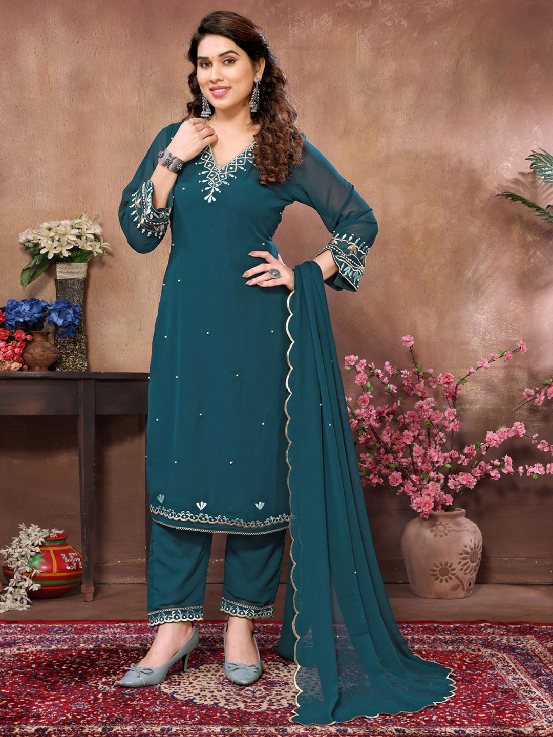 

Titanium Silk Industries Ethnic Motifs Embroidered Kurta With Trousers & Duppatta, Blue