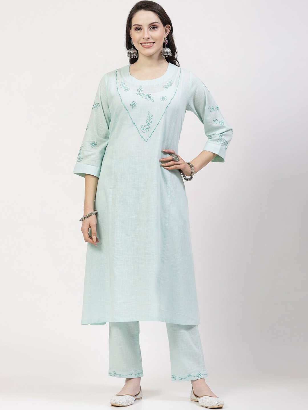 

DART STUDIO Floral Embroidered Pure Cotton A-Line Kurta with Trousers, Sea green