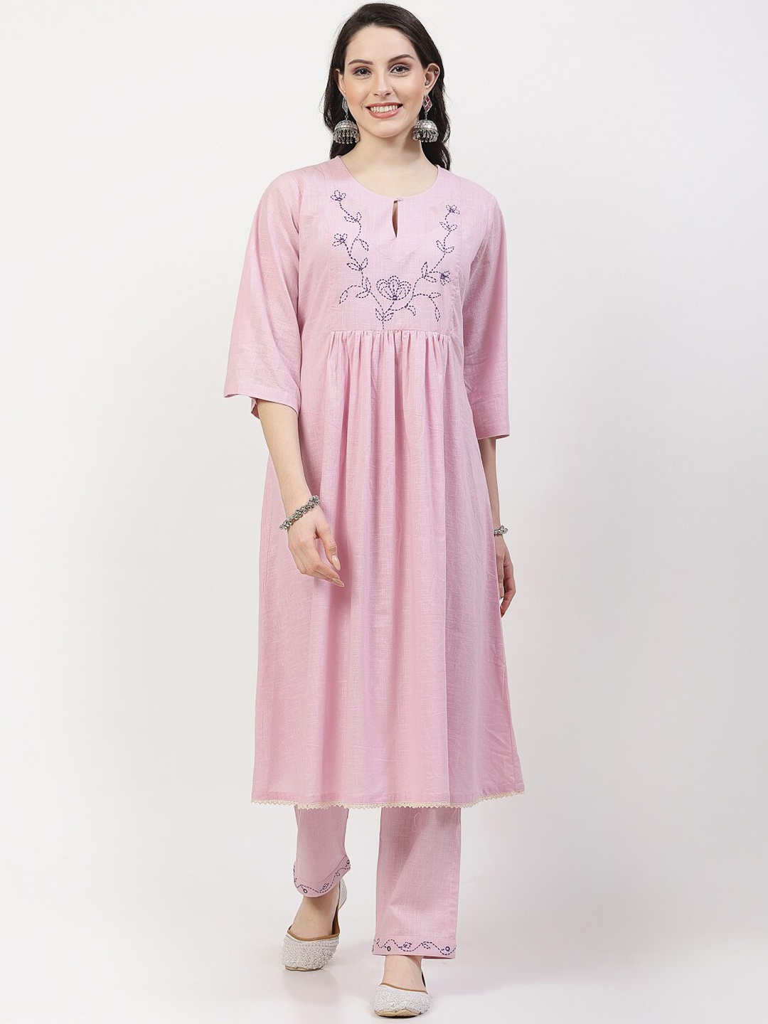 

DART STUDIO Floral Yoke Design Keyhole Neck Pure Cotton Anarkali Kurta with Trousers, Lavender