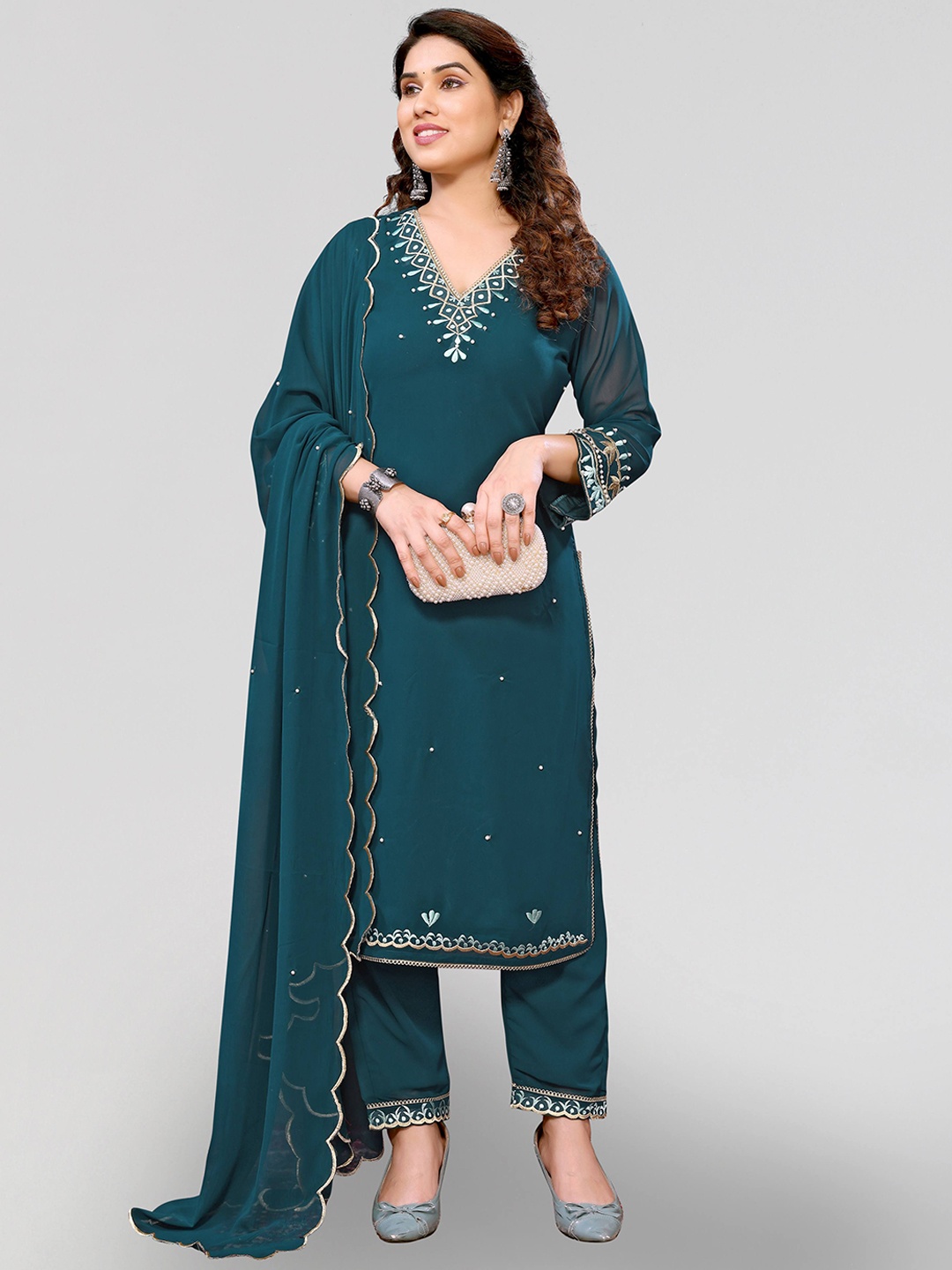 

PYARI - A style for every story Floral Embroidered Kurta With Trousers & Dupatta, Blue