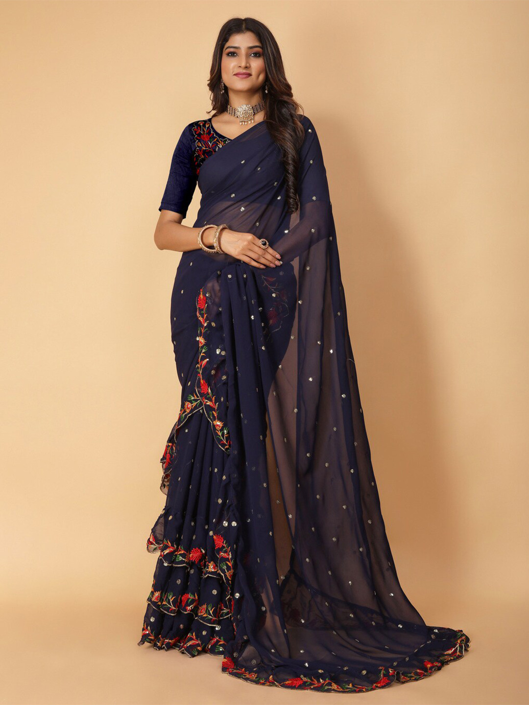 

KALINI Floral Embroidered Pure Georgette Ruffles Saree, Navy blue