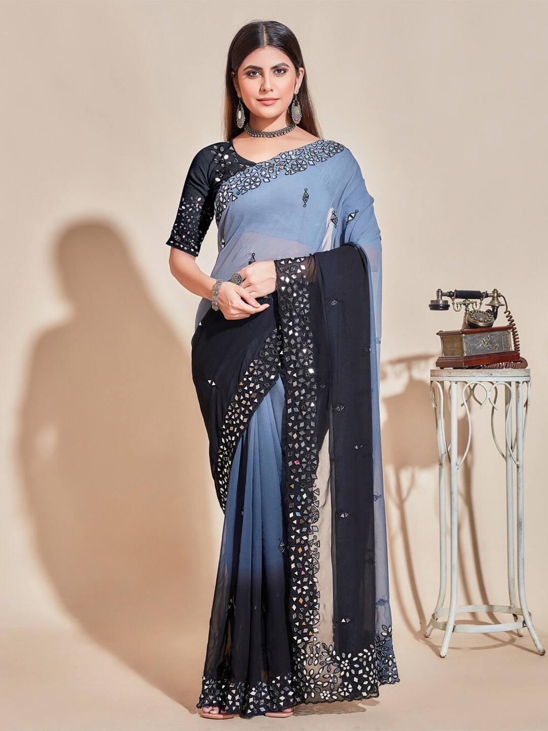 

KALINI Ombre Mirror Work Pure Silk Saree, Grey