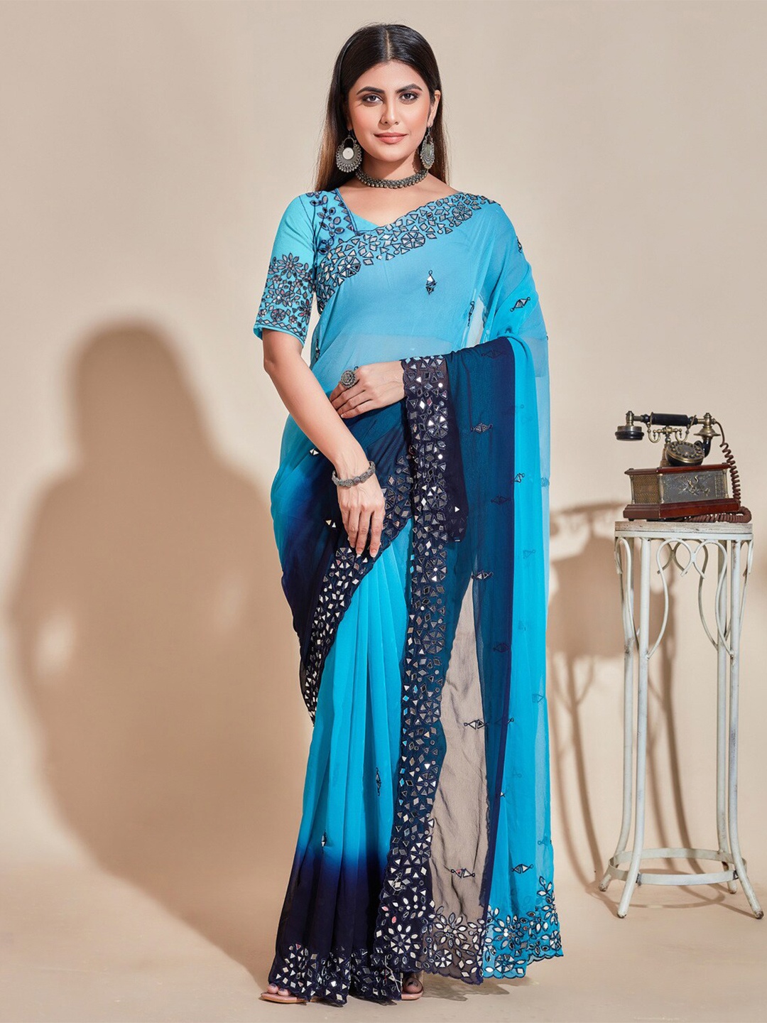 

KALINI Ombre Mirror Work Pure Silk Saree, Blue